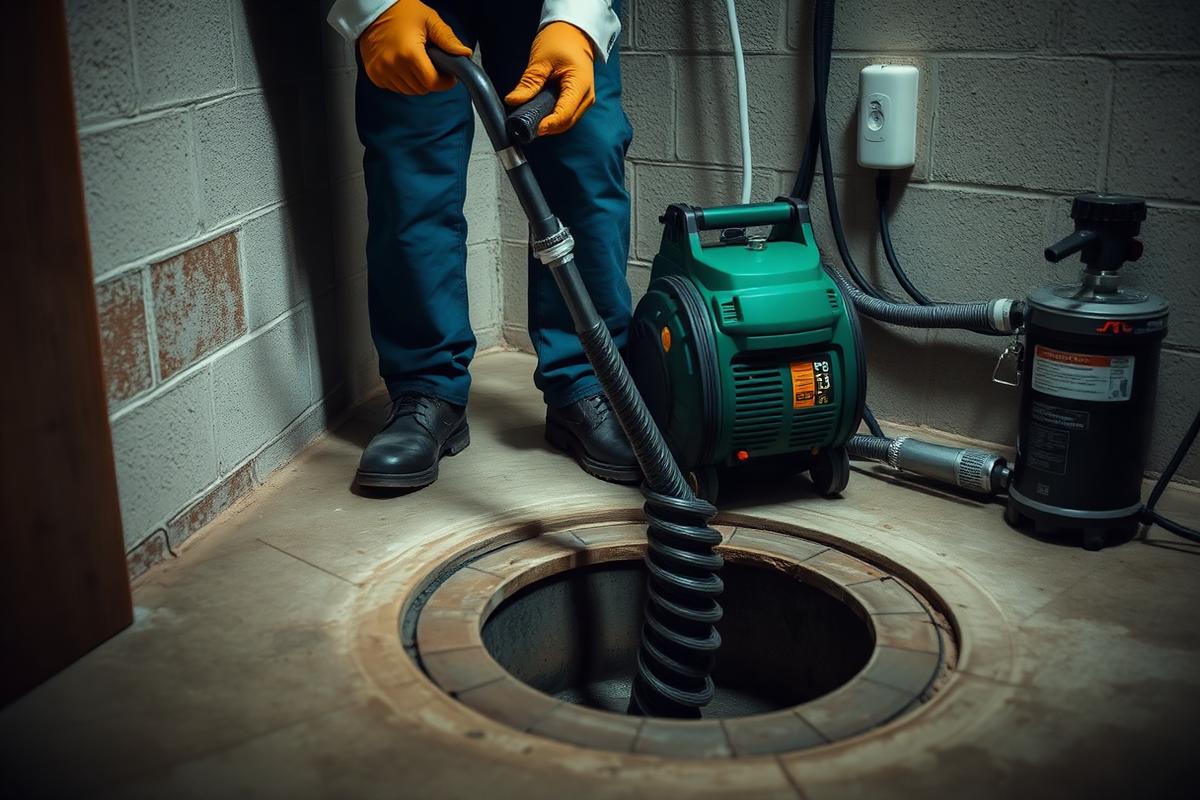 Drain Cleaning in Sioux Falls, SD — Sioux Falls plumber running a drain cleaning auger into a basement floor drain