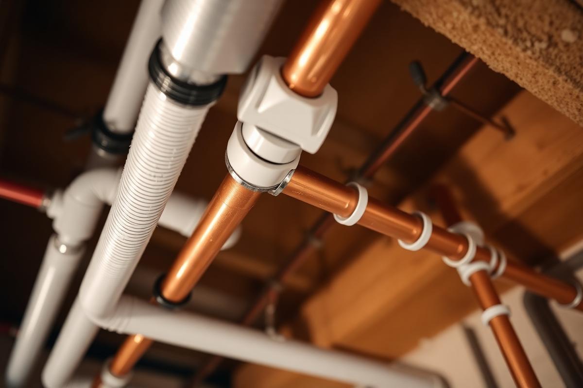 New copper and PVC water lines from a Sioux Falls plumbing repipe in a basement